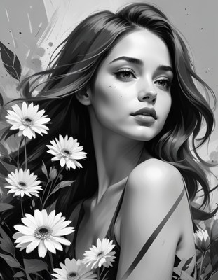 Woman with daisies in black and white