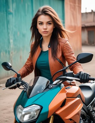 Woman riding motorcycle in urban setting