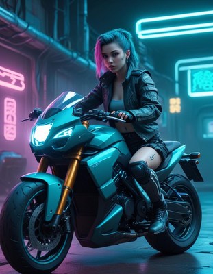 Woman on motorcycle in neon city