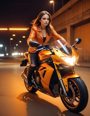 Woman riding motorcycle at night
