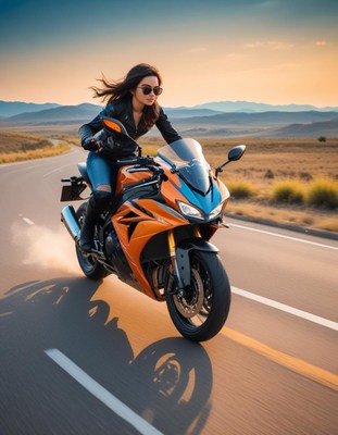 Woman riding motorcycle on road at sunset