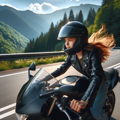 Woman riding motorcycle on mountain road