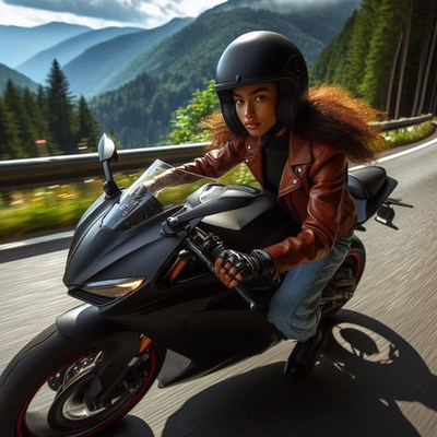 Woman riding motorcycle through mountains