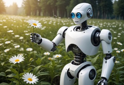 Robot holding daisy in field