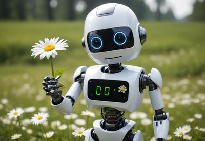 Robot holding daisy in field