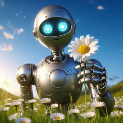 Robot holding daisy in field