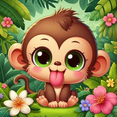 Cute monkey sitting in flowers