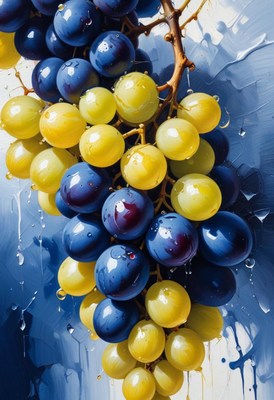Blue and yellow grapes on vine