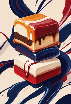 Stacked chocolate squares with caramel drizzle