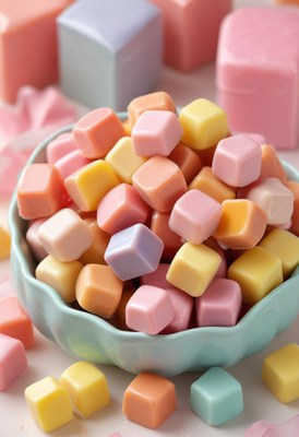Colorful candy cubes in bowl