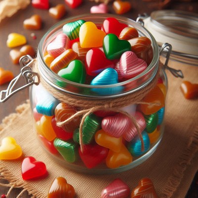 Colorful heart-shaped candies in jar