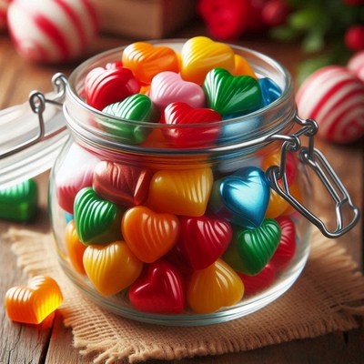 Colorful heart candies in glass jar