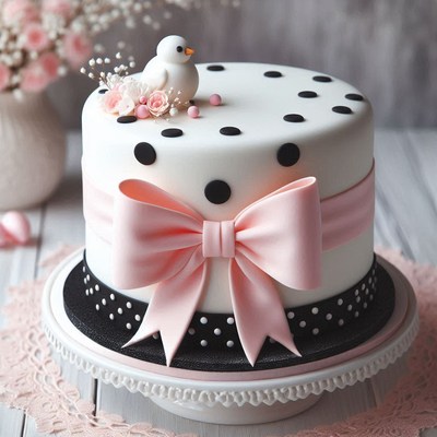 White cake with pink bow and bird