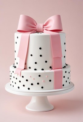 Two-tier polka dot cake with pink bow