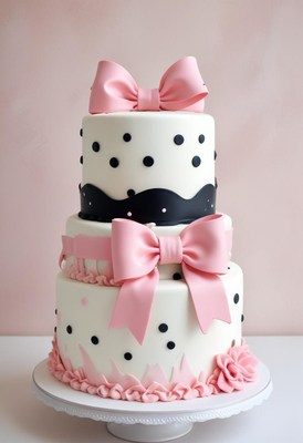 Three-tier polka dot birthday cake with pink bows