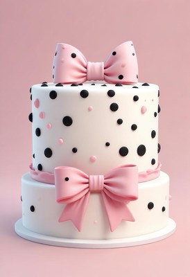 Two-tier polka dot cake with pink bows