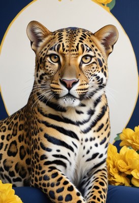 Leopard sitting on a blue chair