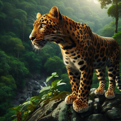 Leopard standing on a rock in a jungle