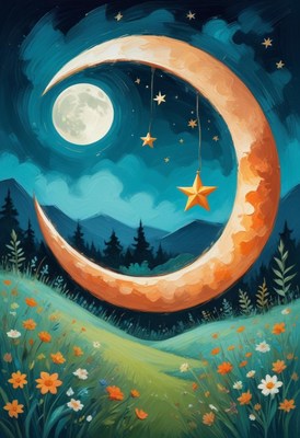 Crescent moon over field