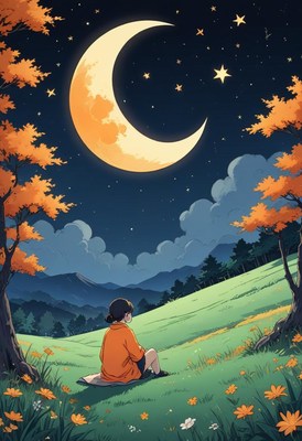 Woman sitting under crescent moon