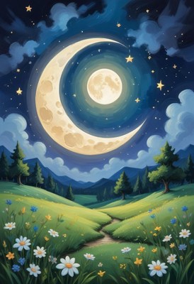 Crescent moon over meadow
