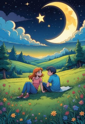 Couple gazing under crescent moon