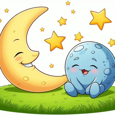 Smiling moon and planet under stars