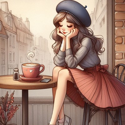 Girl in beret enjoying coffee