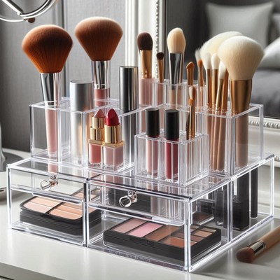 Acrylic makeup organizer with brushes and lipsticks