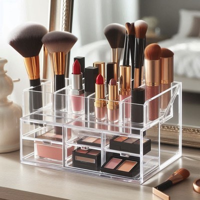 Acrylic makeup organizer with brushes and lipstick