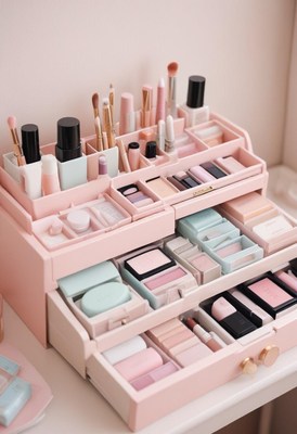 Pink makeup organizer with drawers