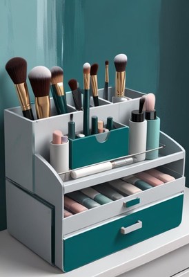 Teal makeup organizer with brushes