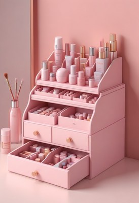 Pink makeup organizer with drawers