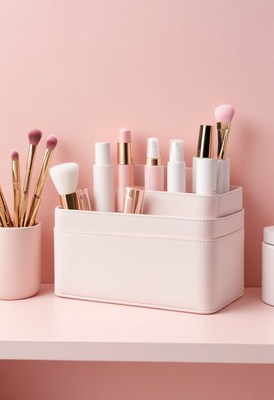 Pink makeup organizer on shelf