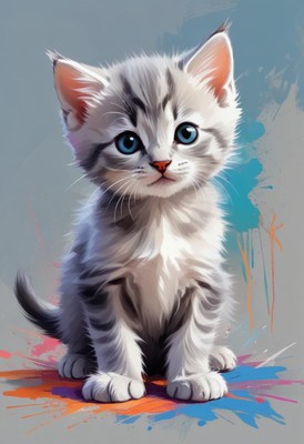 Cute kitten sitting in paint splashes