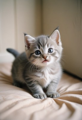 Gray kitten sitting on bed