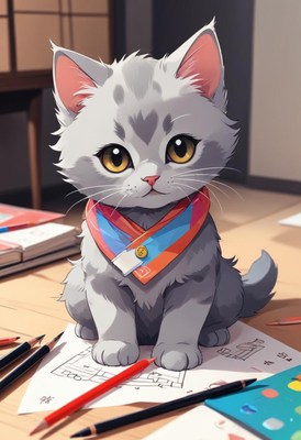 Cute gray kitten drawing with pencils