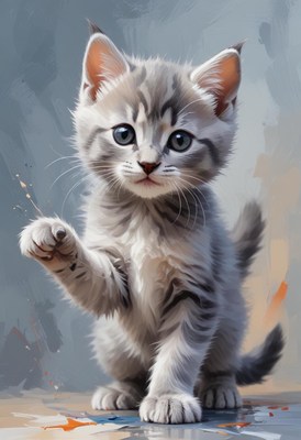 Grey kitten raising paw