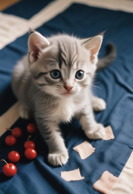 Kitten on blue fabric
