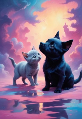 Kitten and puppy gaze at sunset