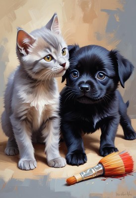 Kitten and puppy painting