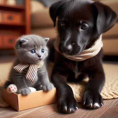 Black puppy and grey kitten inside