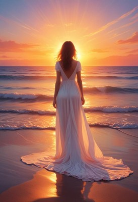 Woman in white dress watches sunset on beach