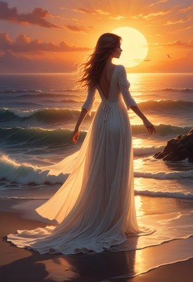 Woman walking on beach at sunset