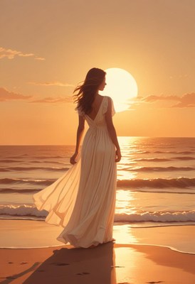Woman in dress watches sunset on beach