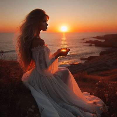 Woman holding sunset on ocean cliff