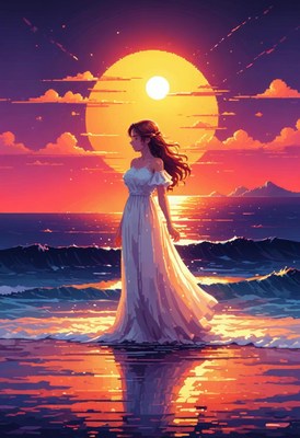 Woman in white dress at sunset