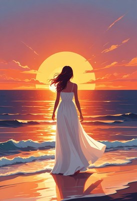 Woman in white dress watches sunset at beach