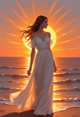 Woman in white dress at sunset beach