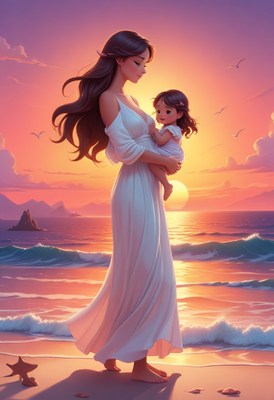 Mother and daughter at sunset beach